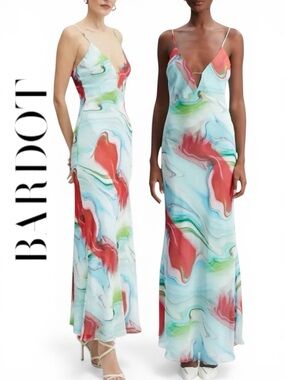 Bardot Dress Women Slip Maxi Blue Red Graphic Print XXL Spaghetti Strap NWT